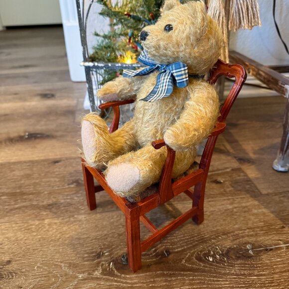 Vintage Mohair Teddy Bear with Wood Chair - Picture 5 of 16